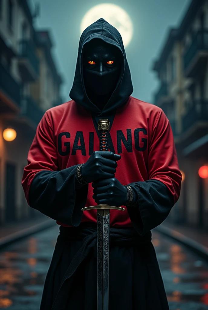 A masked man wearing a samurai sword with the name GALANG written on his shirt 