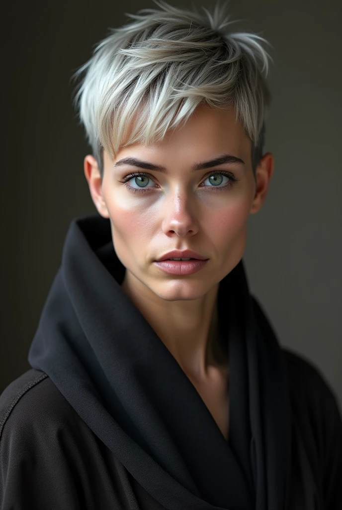 (photorealism:1.2), 30 years old woman, pixie haircut, blondish grey hair, wearing dark Jedi robe, high detailed face, portrait picture