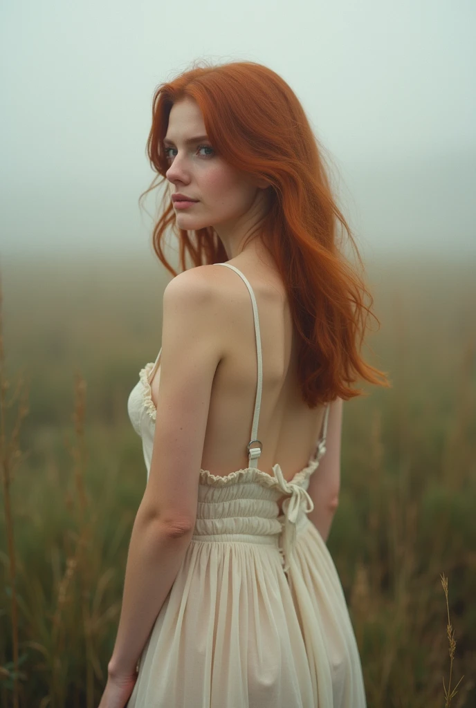 girl, age 25, Light red hair, nakeness, close, waist framing. She looks at a point beyond the viewer. One of the straps on your dress is down, revealing part of her small breast. Provence. haze. 超detailded.  Provence. Foggy . High grain film. retro photography, David Hamilton Style. Analog photography. grainy. nymph.