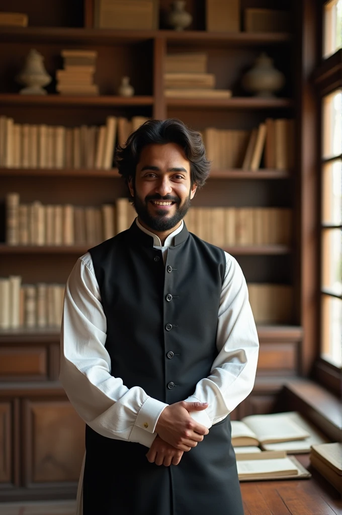 Indian young historian with black and white Indian dress and little smile on face