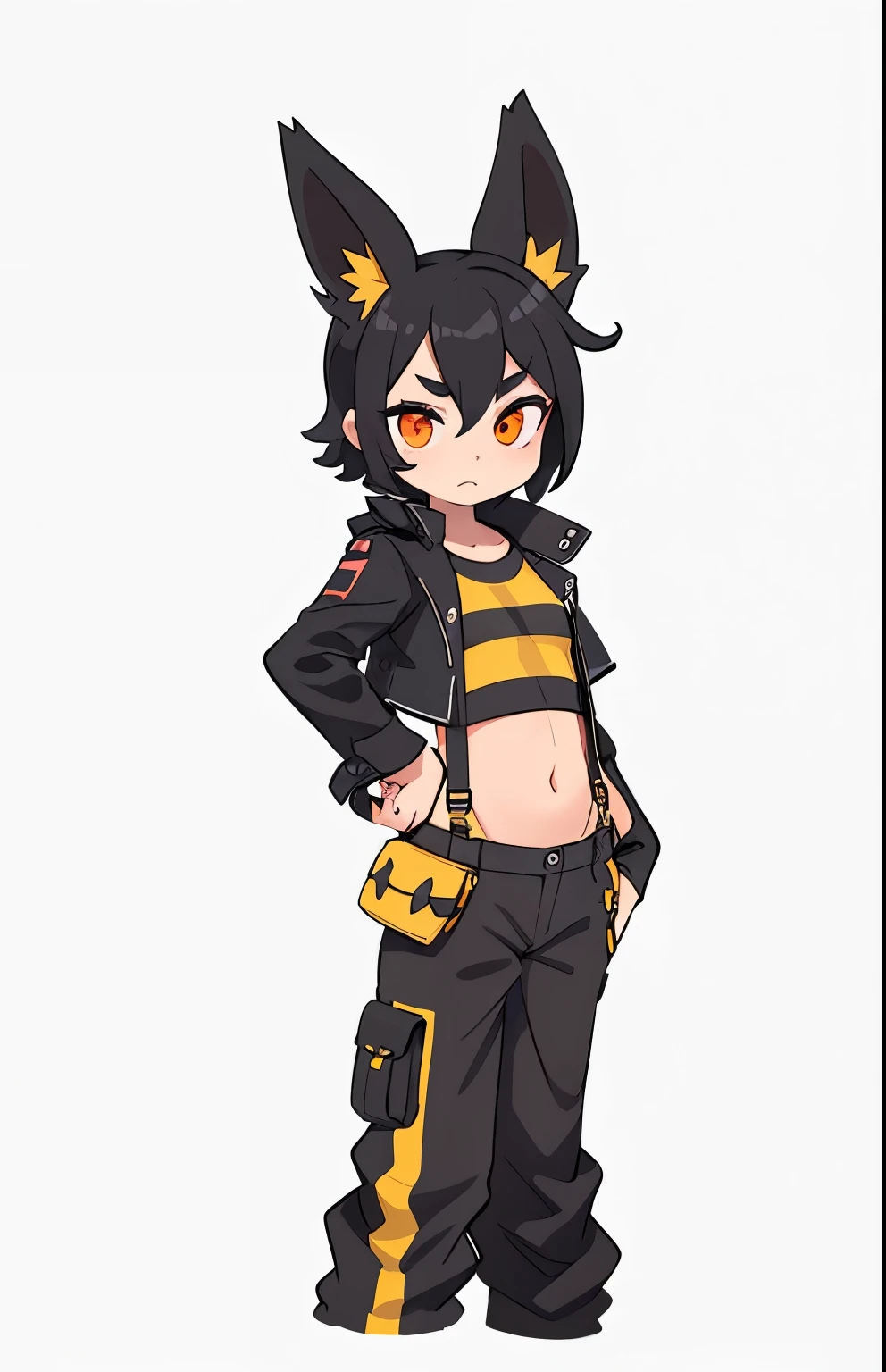 Open black leather jacket, pink top down to the navel, black cargo pantswith yellow stripes on the sides and yellow suspenders hanging down, Umbreon Ears, red eyes, black hair