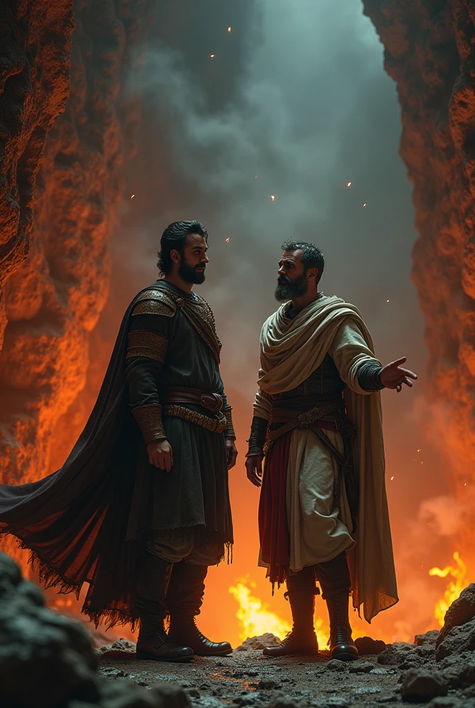 Dante and virgil in hell painting into real life image, ultra realistic, real life like.