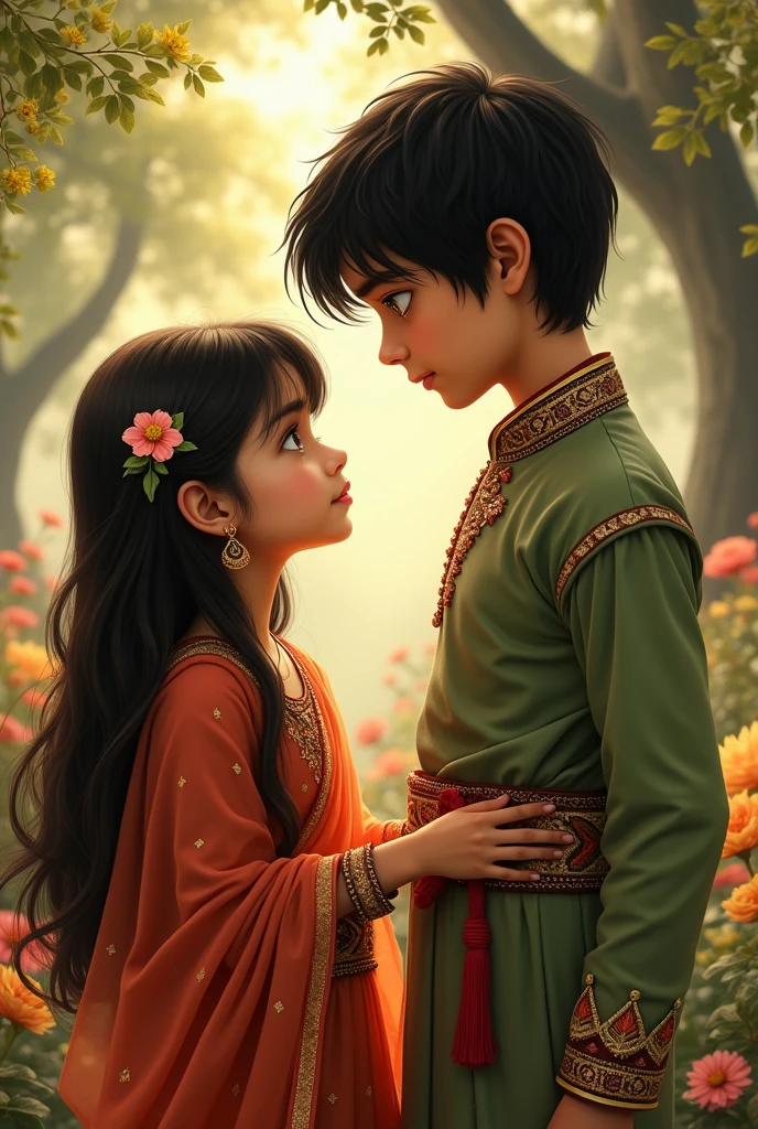 Girl, Brown hair, long, hazel eyes, looking weakly at a green-eyed boy, taller than her,  black hair, The girl is wearing an Indian dress, and the boy is dressed as an Indian