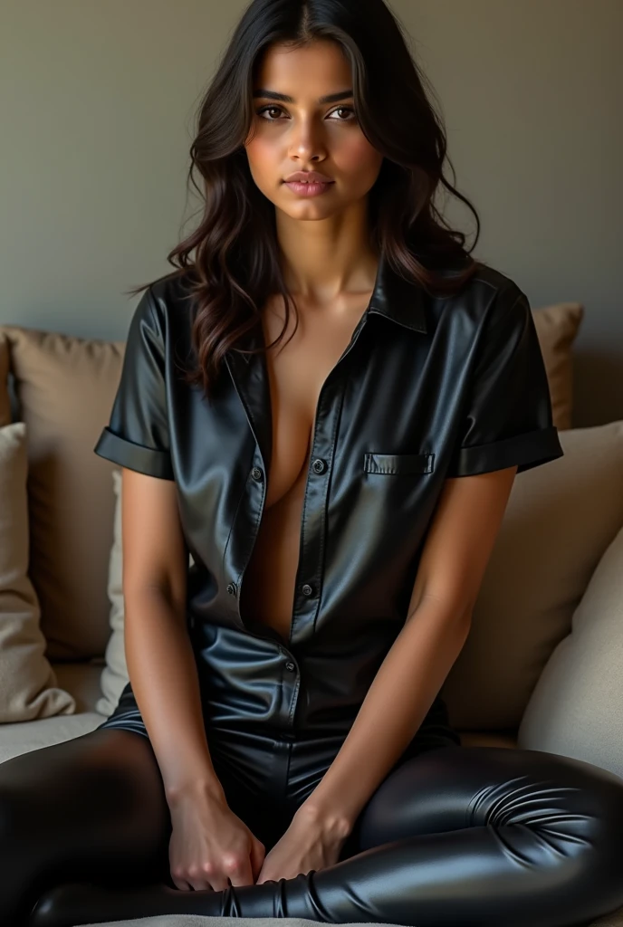 A 16 year old sexy bold and cute Indian girl is wear black leather short shirt, short pant and long leather stocking open breast, sitting on her boss lap , slim figure, full body