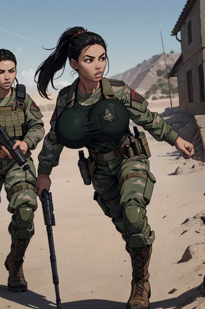 group of female soldiers during a firefight, war photography, (cinematic lighting:1.1), highest quality, photo of (group of fully dressed really tanned 20yo sexy muscular female army special forces with taut clothing military top, ponytail hair, running holding a rifle), (bouncing breasts, motion lines, motion blur), too tight military shirt, medium_boltedontits, perfectly round breasts, breast implants, unaligned breasts, perfect face, parted lips, (wearing military Combat uniform, battlepack, boots:1.2), athletic body, on the battlefield, fake tits, bootsnutes