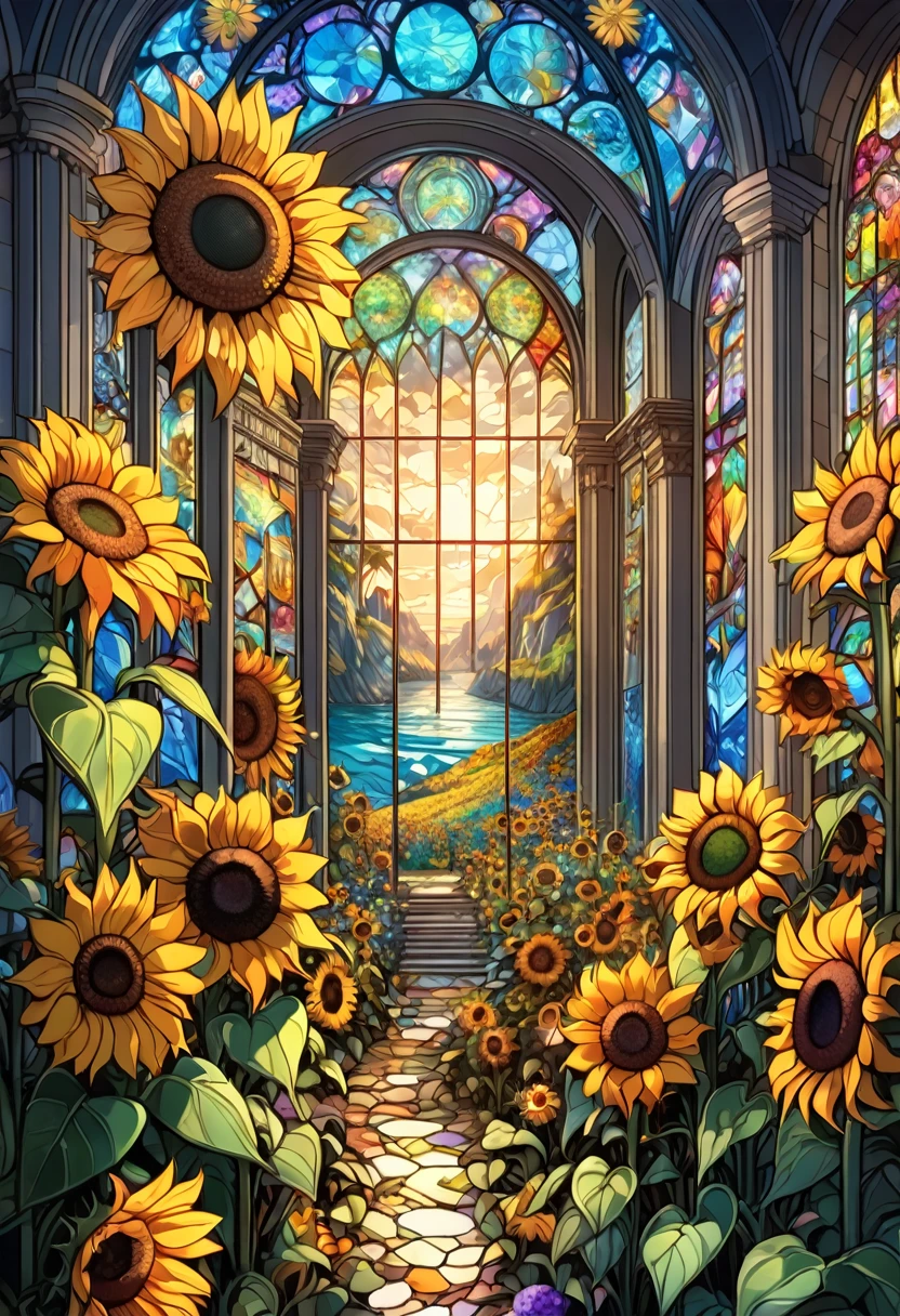 sea of flowers, aesthetic, Stained glass sunflowers, Dan Mumford, Cyril Rolando, MW Kaluta, Louis Comfort Tiffany, Dale Chihuly, hyper-detailed, hyperrealistic, digital landscape art, 8k resolution, beautiful colors, tarot card, awe, sunflowers made of stained glass, detailed, Hyperdetailed storybook illustration, concept art