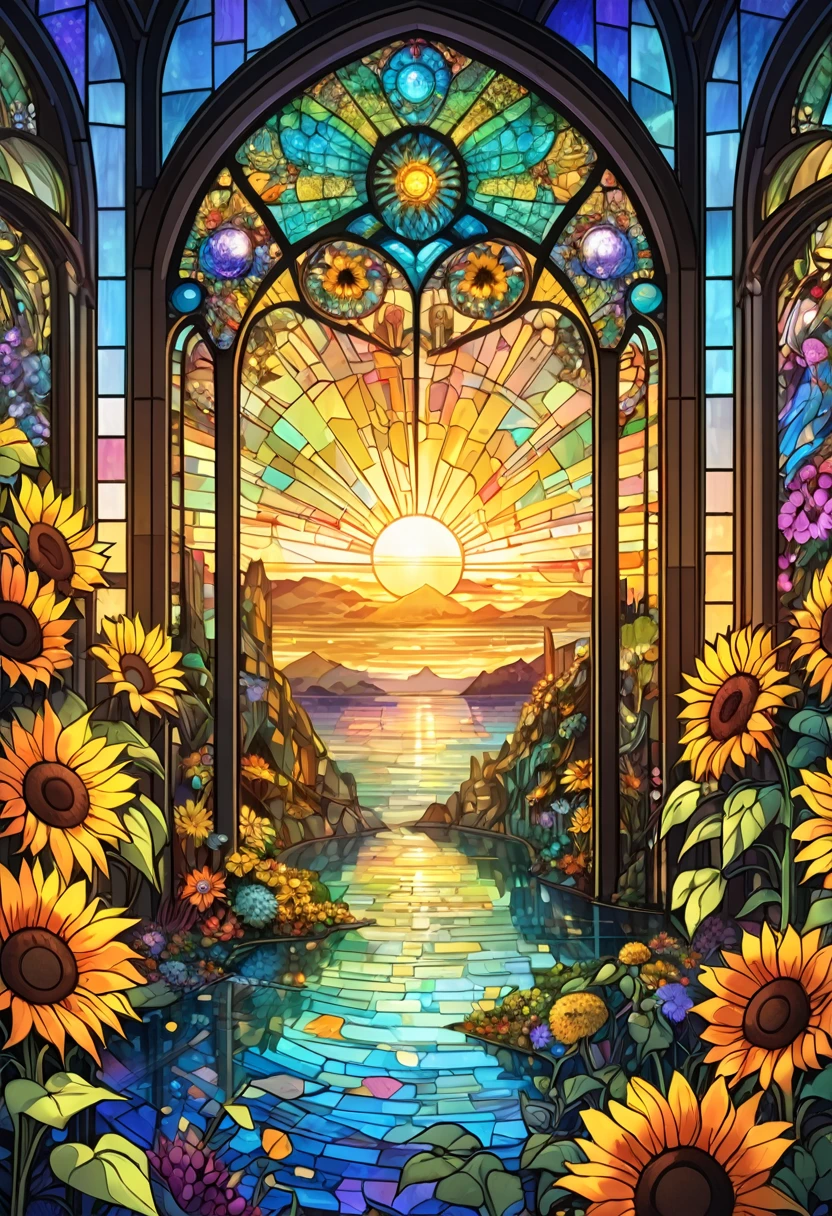 sea of flowers, aesthetic, Stained glass sunflowers, Dan Mumford, Cyril Rolando, MW Kaluta, Louis Comfort Tiffany, Dale Chihuly, hyper-detailed, hyperrealistic, digital landscape art, 8k resolution, beautiful colors, tarot card, awe, sunflowers made of stained glass, detailed, Hyperdetailed storybook illustration, concept art
