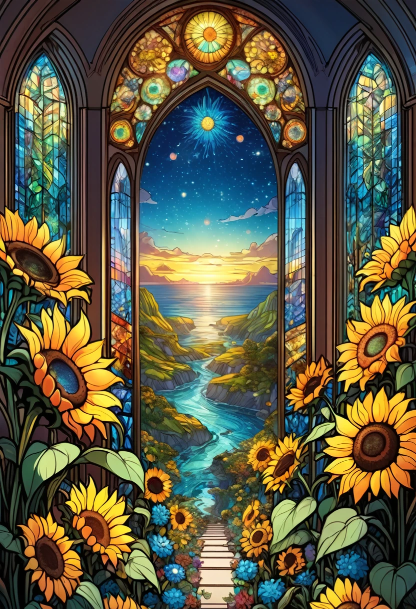 sea of flowers, aesthetic, Stained glass sunflowers, Dan Mumford, Cyril Rolando, MW Kaluta, Louis Comfort Tiffany, Dale Chihuly, hyper-detailed, hyperrealistic, digital landscape art, 8k resolution, beautiful colors, tarot card, awe, sunflowers made of stained glass, detailed, Hyperdetailed storybook illustration, concept art