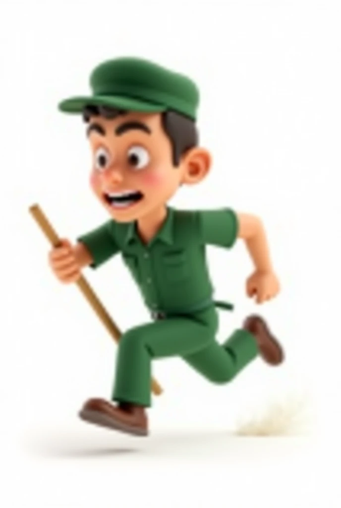 Style: 3D cartoon, less stylized, more realistic than cartoonish. Focus on the detail that gives the character a unique look, avoiding exaggerated eyes and expressive features typical of the Disney style.
Appearance: A cashier wearing a green uniform and holding a broom in his hand. He is running, facing away from the viewer, with a more realistic facial expression that conveys determination and effort. Clothing and details, such as folds in clothing, add realism.
Posture: Cashier in a dynamic running pose, with an appropriate body position that conveys movement and urgency.
Background: Simple, white to make it easy to cut out the figure.