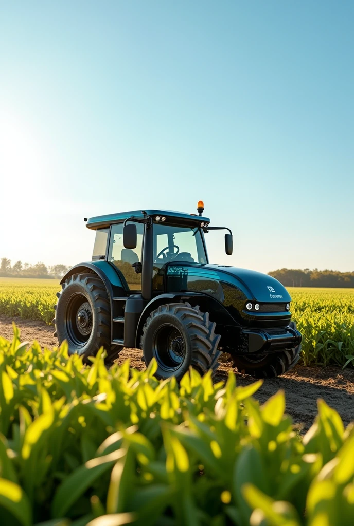 Electric farming tractor powered by ai and solar panel battery system that ploughs, weeds, irrigates and haverts crops on farm land with company brand name rhiflux power tech