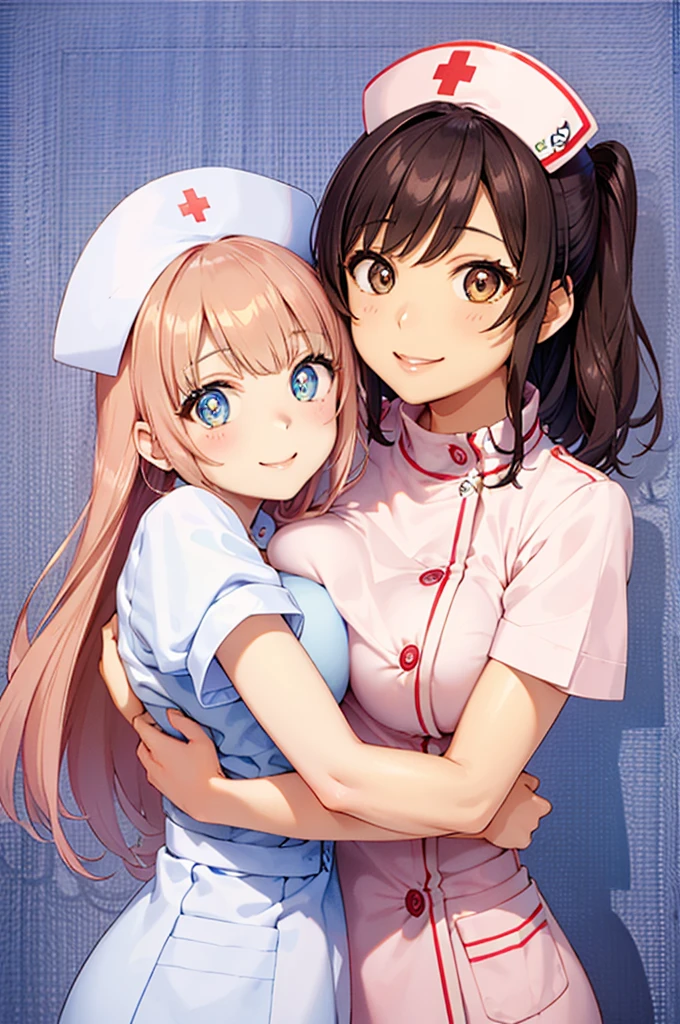 UHD, masterpiece, anatomically correct, super detail, high details, best quality, 8k,perfect beauty 2girls, oily skin, random Breast size、random hair style、random hair color,nurse uniform,nurse cap, crazy eyes, mismatched pupils, smile, anime style, retina,hug,many cute heart