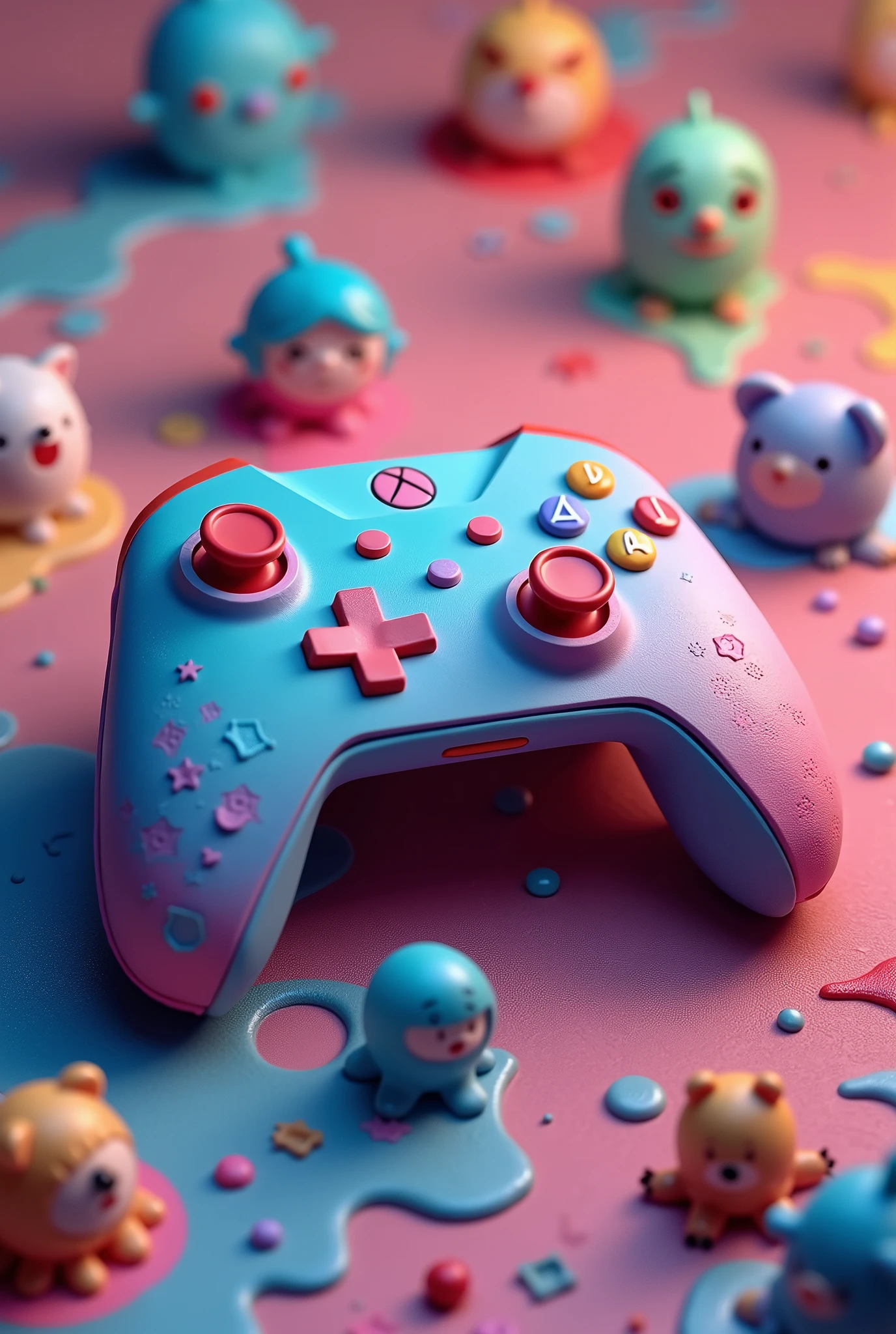 création d'une manette de jeu vidéo en pâte à modeler posé au sol ultra réaliste et détaillé. Arrière plan multicolore en slime. Plusieurs petites figurines placé à côté de la manette. Résolution 4k. Chef d'oeuvre. Art numérique. 