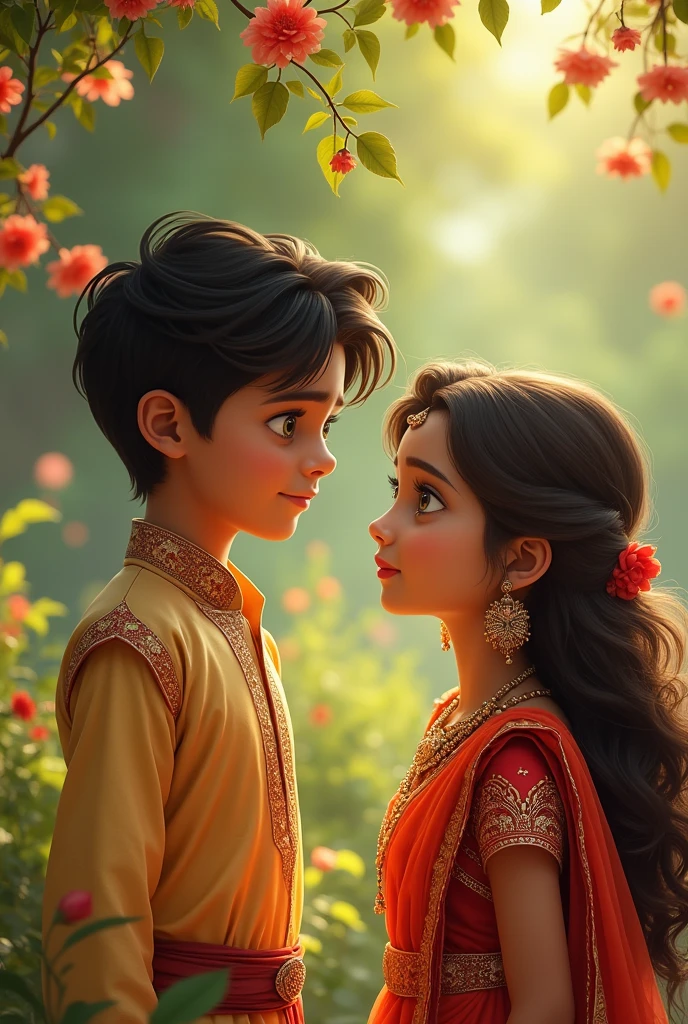 Girl, Brown hair, long, hazel eyes, looking weakly at a green-eyed boy, taller than her, black hair, The girl is wearing an Indian dress, and the boy is dressed as an Indian