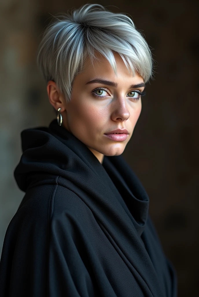 (photorealism:1.2), 30 years old woman, feminin face, pixie haircut, blondish grey hair, wearing dark Jedi robe, high detailed face, portrait picture