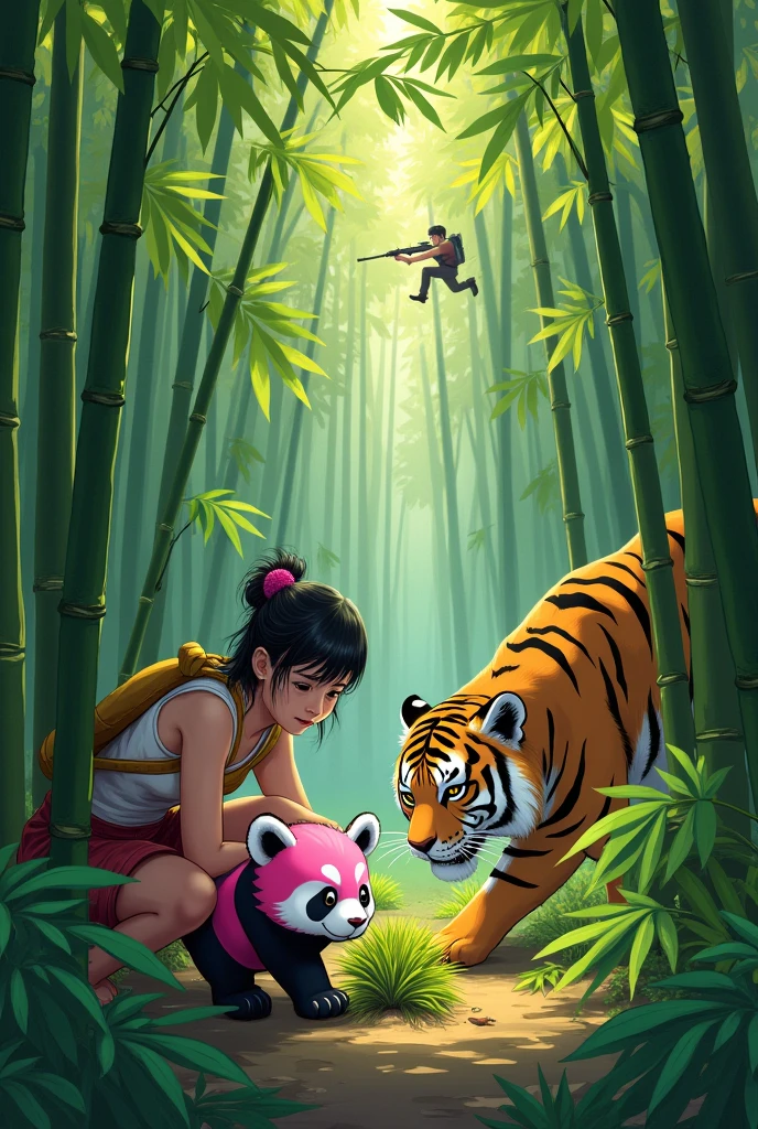 This is a realistic piece of art that expresses the chain of events in which those who aim at something are also the ones who are targeted. A girl is digging bamboo shoots in a bamboo forest. A pink panda is aiming at the girl from the bushes. A tiger is aiming at the panda from the bushes. A hunter is aiming at the tiger with a sniper rifle from a high place. None of them are aware that they are being targeted.