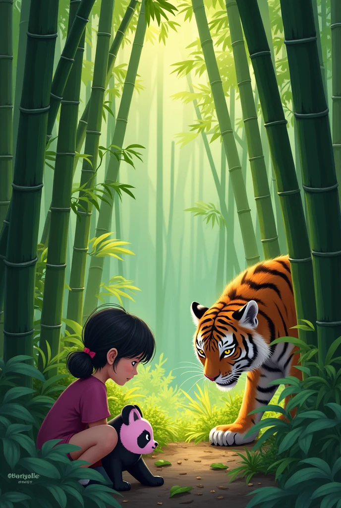 This is a realistic piece of art that expresses the chain of events in which those who aim at something are also the ones who are targeted. A girl is digging bamboo shoots in a bamboo forest. A pink panda is aiming at the girl from the bushes. A tiger is aiming at the panda from the bushes. A hunter is aiming at the tiger with a sniper rifle from a high place. None of them are aware that they are being targeted.
