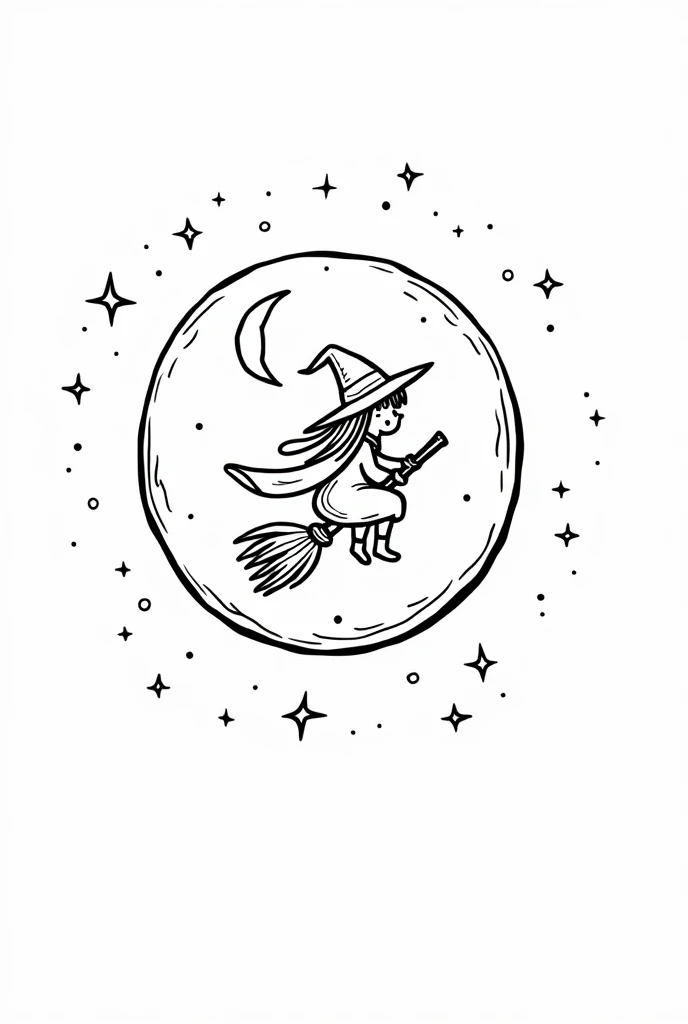 Cute and kawaii halloween moon with a witch silhouette coloring Page, simple for toddlers, bold and easy, black bold lines White background, for a coloring book black and white, líne art, only outlines, but the design is simple and bold, no greyscale