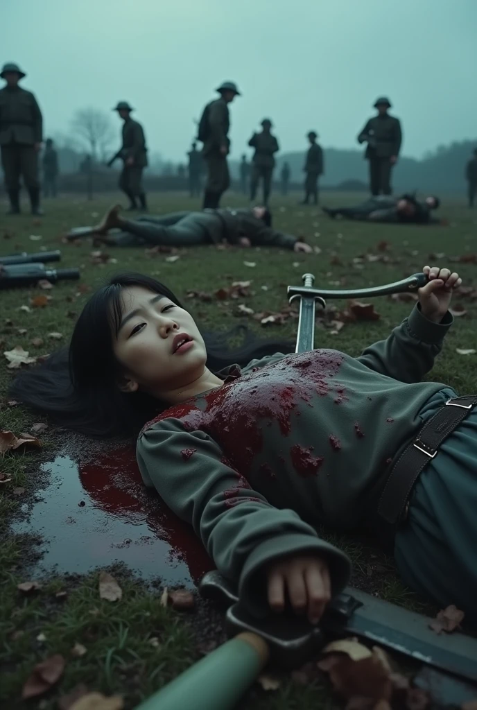 Korean girl dying, sword stuck at her chest, deep pain expresion at her face, died laying at the battle ground blood spurt out from her wound, naked, nude, death by stabbed at her chest, stabbed chest, with a sword, the sword stuck at her chest covered of blood body, blood spurt out from her wound