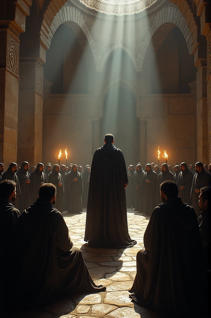 “In an ancient, shadowy fortress, Hasan Sabbah, the enigmatic leader, is surrounded by his devoted followers. Hasan Sabbah, dressed in dark, flowing robes with a commanding presence, is at the center of a group of attentive and obedient disciples. The scene is set in a grand, dimly lit hall with intricate stonework and flickering torches, emphasizing the secretive and intense atmosphere of their devotion and allegiance.”