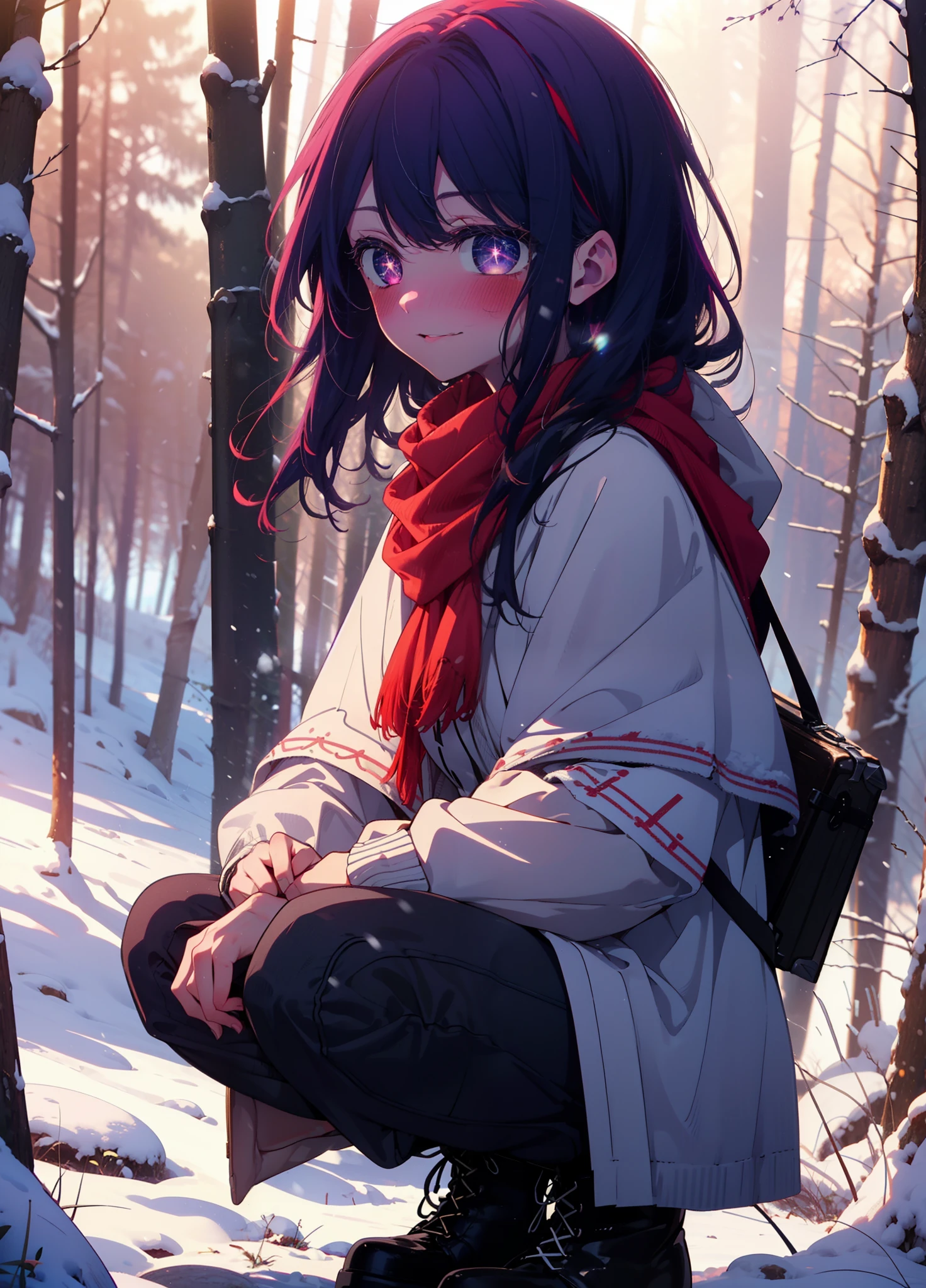 aihoshino, Ai Hoshino, Long Hair, bangs, (Purple eyes:1.1), Purple Hair, (Symbol-shaped pupil:1.5), smile,,smile,blush,white breath,
Open your mouth,snow,Ground bonfire, Outdoor, boots, snowing, From the side, wood, suitcase, Cape, Blurred, , forest, White handbag, nature, Squat, Mouth closed, Cape, winter, Written boundary depth, Black shoes, red Cape break looking at viewer, Upper Body, whole body, break Outdoor, forest, nature, break (masterpiece:1.2), Highest quality, High resolution, unity 8k wallpaper, (shape:0.8), (Beautiful and beautiful eyes:1.6), Highly detailed face, Perfect lighting, Extremely detailed CG, (Perfect hands, Perfect Anatomy),