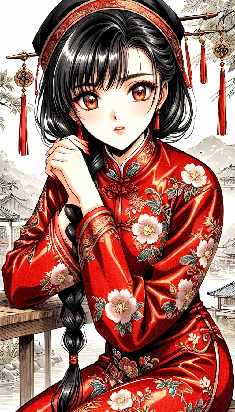 Beautiful 15 year old Chinese village girl with long black braided hair　Gorgeous embroidery, Ultra glossy, She is wearing shiny red long sleeve floral pajamas....　I am only a translate agent