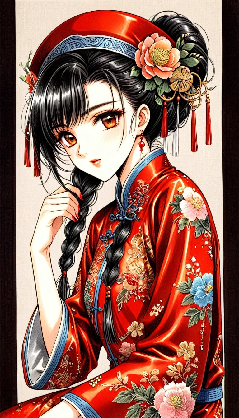 Beautiful 15 year old Chinese village girl with long black braided hair Gorgeous embroidery, Ultra glossy, She is wearing shiny red long sleeve floral pajamas.... I am only a translate agent