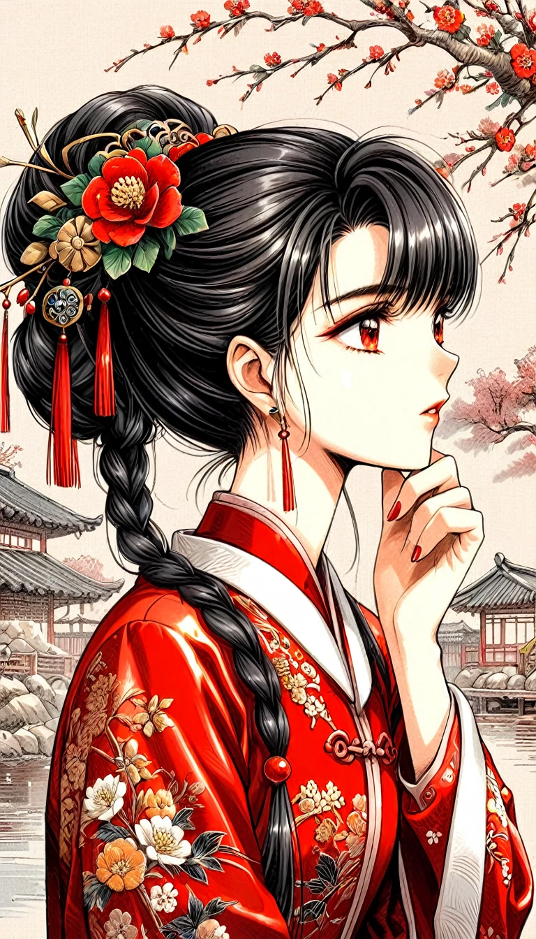 Beautiful  Chinese village girl with long black braided hair　Gorgeous embroidery, Ultra glossy, She is wearing shiny red long sleeve floral pajamas....　I am only a translate agent