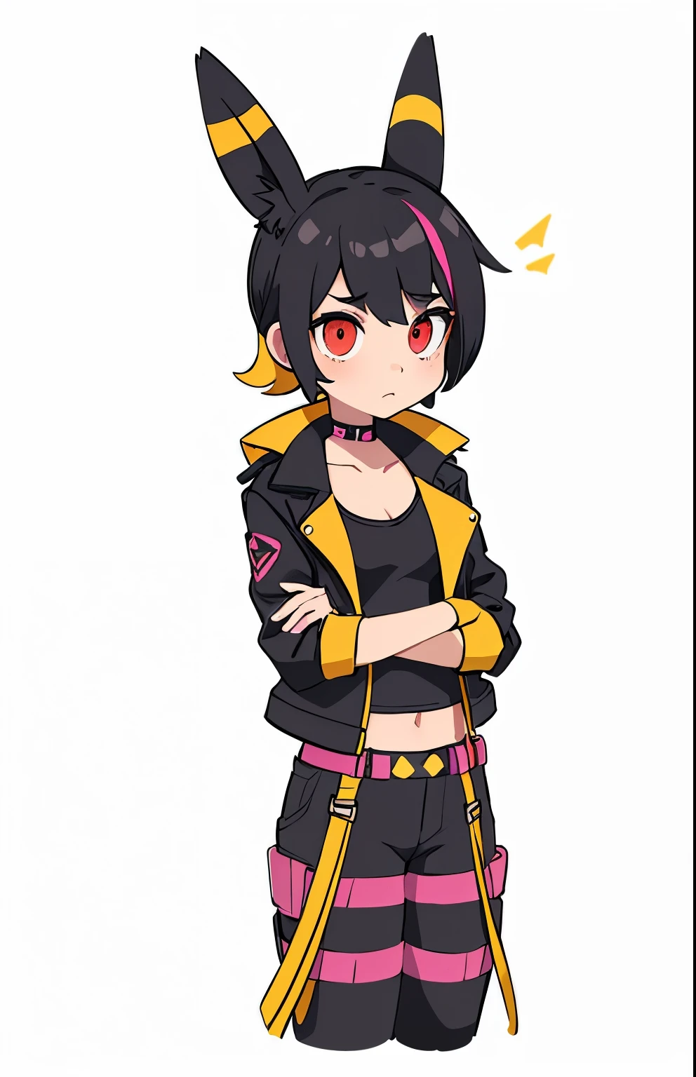 Open black leather jacket, pink top down to the navel, black bermuda with yellow stripes on the sides and yellow suspenders hanging down, Umbreon Ears, red eyes