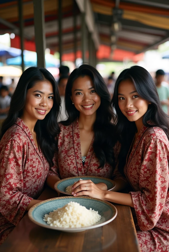 3 beautiful Indonesian women, hair flowing, wearing long robes, sitting behind a table facing forward, and on the table there is a plate of rice, her hand is holding a chainsaw, the atmosphere of a food stall, busy with people,
minimal defects, ultra detailed, realistic