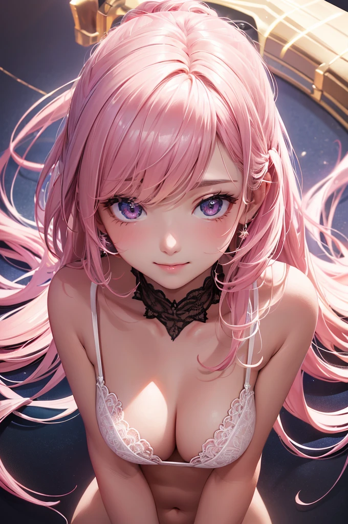 Best Quality,High resolution,8k,(plain white background, no patterns, no textures, just a plain white background:1.3),Masterpiece:1.2),beautiful girl,focus face,(Shiny pink hair),messy hair,Beautiful pink eyes,A striking lingerie set featuring bold, glamorous lace and satin. The bra has deep, plunging cups with intricate lace patterns and satin detailing, and the straps are adorned with sparkling accents. The matching panties are designed with a seductive high-cut style, combining sheer mesh with lavish lace trims and small, glittering embellishments. The color scheme includes rich, vibrant hues like fuchsia, electric blue, or deep red,Gentle look,A refreshing look,smile,Best quality,Best Quality,Aesthetic and aesthetic:1.2,Best details((Super detailed))(High-definition CG illustrations),Slender body,smile,blush,cute,Scrounge,Looking up,Being spoiled,super model,focus face
