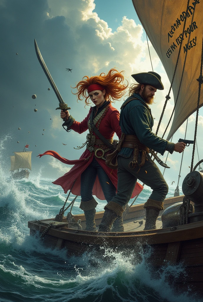 A female pirate with a male pirate on a combative ship with pistols and a saber
And a big text written at the top of the image
L'APHRODISIAQUE CE N'EST PAS POUR LES ANGES !
