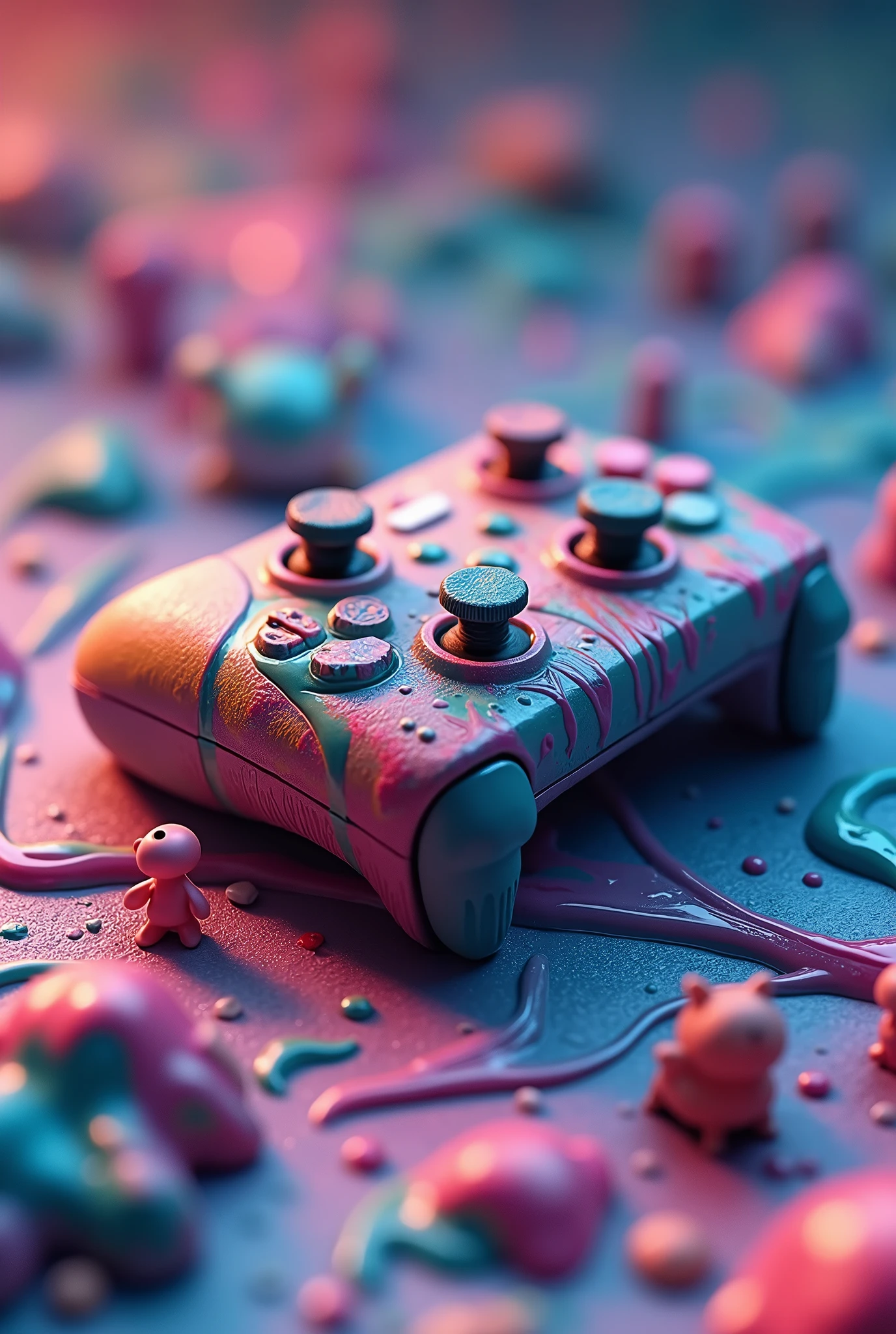 création d'une manette de jeu vidéo slime posé au sol ultra réaliste et détaillé. Arrière plan multicolore en slime. Plusieurs petites figurines placé à côté de la manette. Résolution 4k. Chef d'oeuvre. Art numérique.