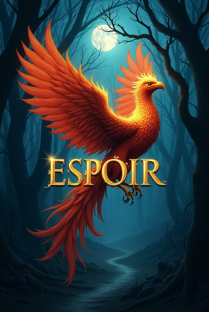 In the dark forest、A phoenix should be soaring。Add the word ESPOIR in the center as the title。The font should be stylish。