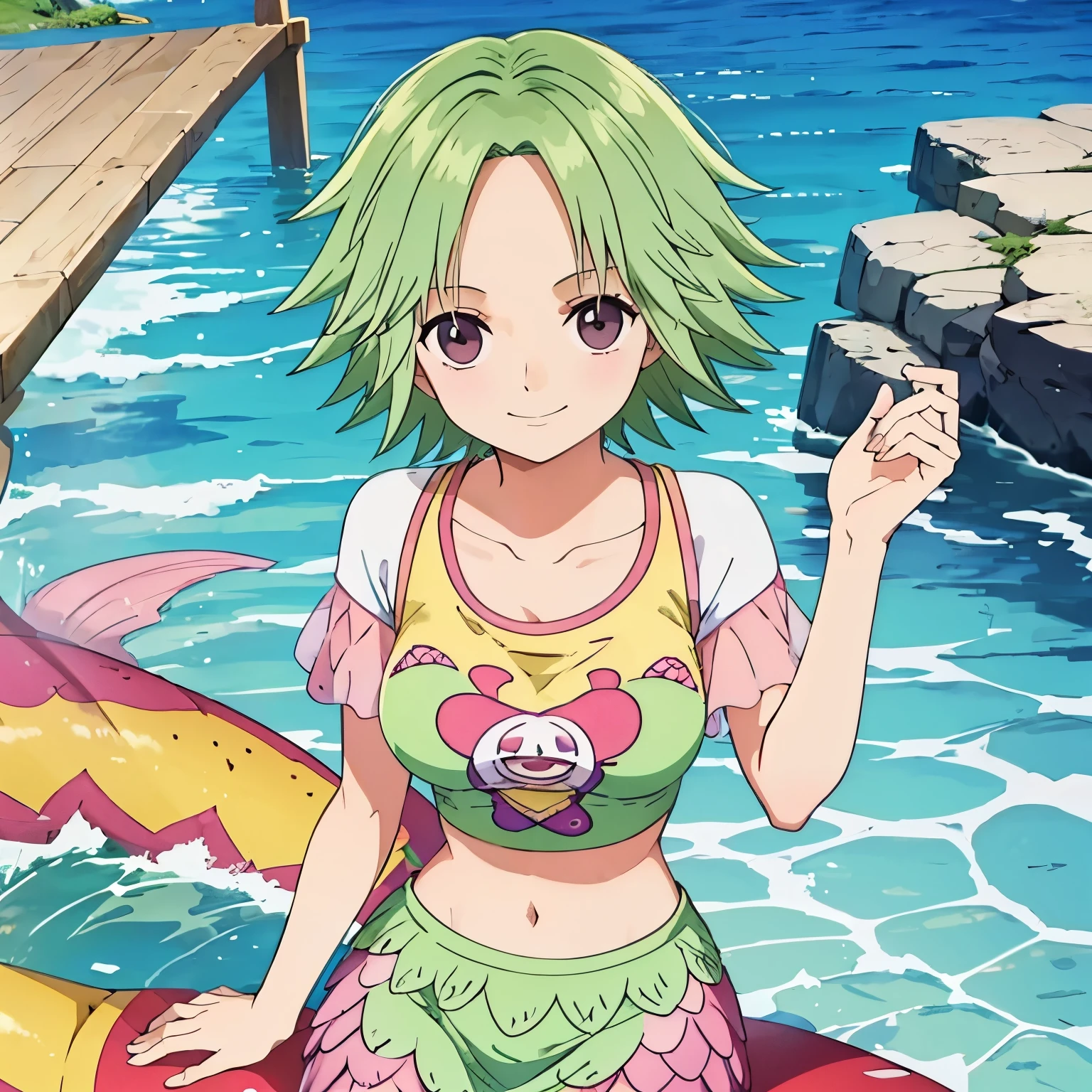 mermaid,camie,short hair,green hair,crop top, raglan sleeves, short sleeves,smile