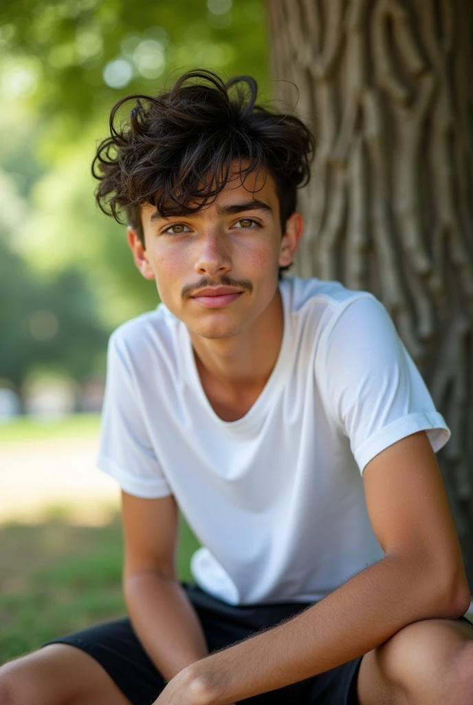 Jeune adolescent aux cheveux noirs bouclés. Il a des sourcils assez poilus, un nez plutôt gros mais pas trop. Il a les bras plutôt poilus. Il a ma mâchoire bien taillé un tout debut de barbe et de moustache un peu visible mais pas de loin. Il est en T-shirt à manches courtes blanc et en chort noir. Il a des yeux marrons foncé. Il a des oreilles bien sûr les côtés de taille normal. Il est un peu musclé. Il a de longs cils pour un homme. Il est métis avec un oeil très légèrement plus bridé que l autre(pas beaucoup pour les deux).