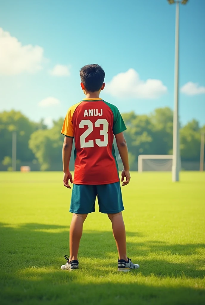 A teen age boys standing near his kho kho pole and his name Anuj and jersey number 23 is written on his jersey