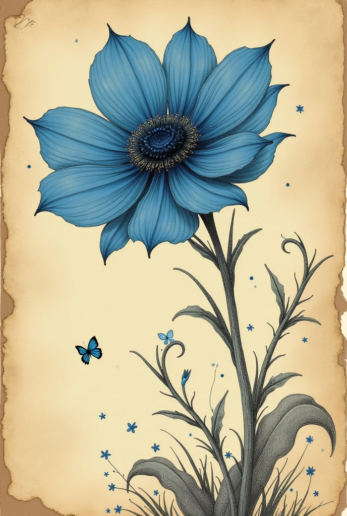 An illustration of a flower with blue petals and with (sad face),a vintage book style illustration