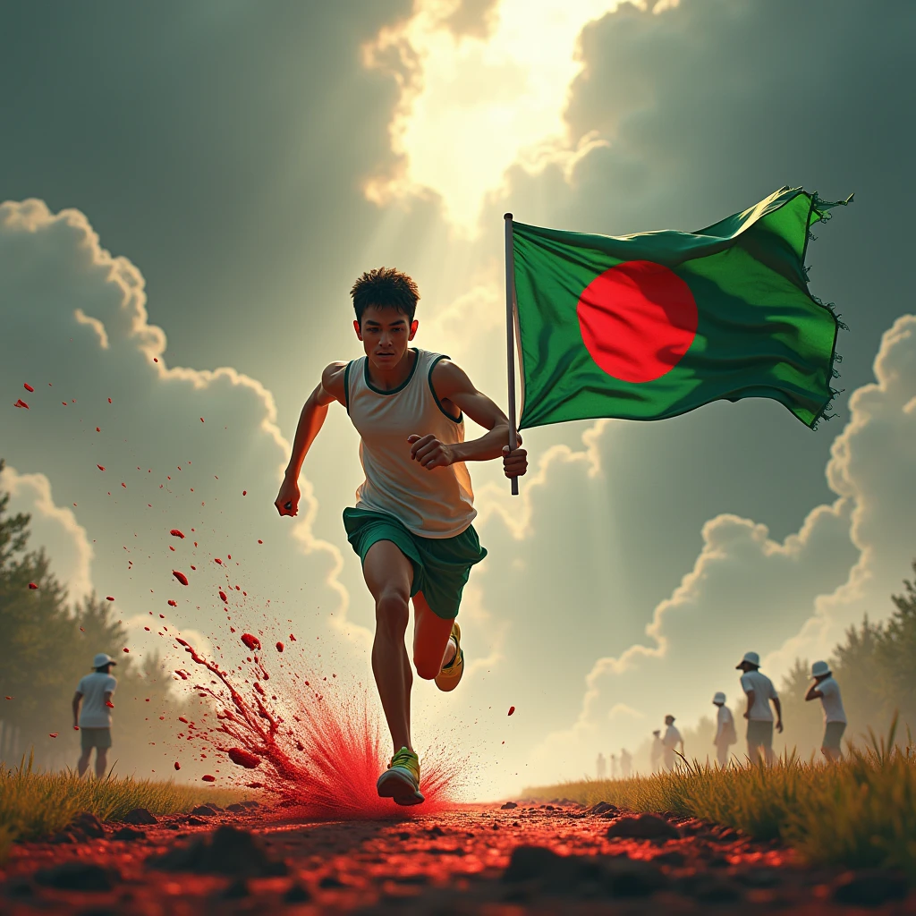 A 3D young man run with a Bangladesh flag in his hand. Background picture is Bangladesh map with blood