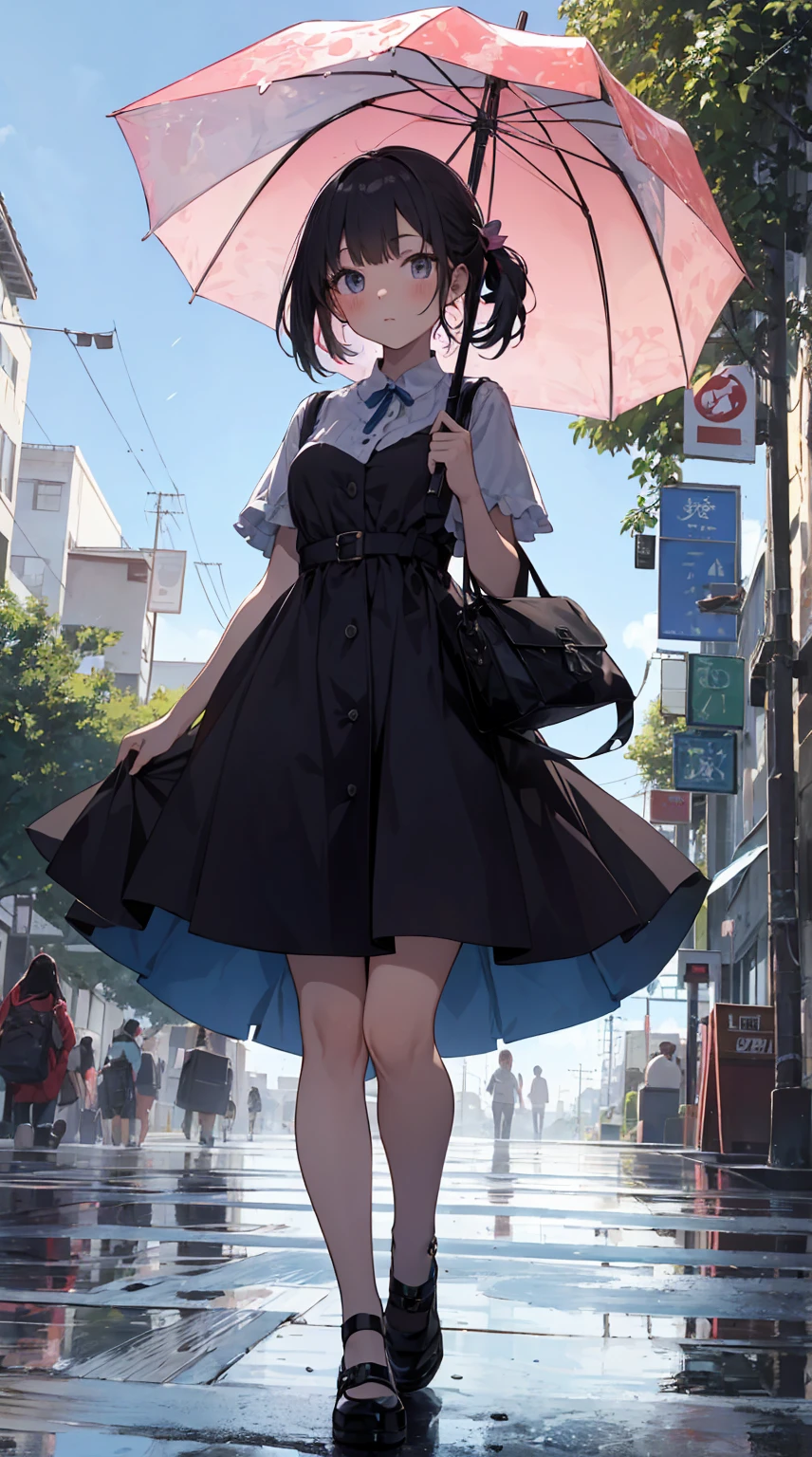 This illustration depicts a cute girl going on a holiday outing. She is in her twenties and has bright eyes. The place is like a park. However, the most noteworthy thing is the "last mysterious high-energy body" she emits. This energy body released from her body has the power to annihilate the garbage in the sky. The blue-white light reaches every corner. She is standing with a parasol and is wearing a dress. It's summer and it's very hot.heavy rain. thunder