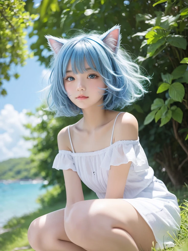 Masterpiece, best quality, ai-generated, cat ear,1 girl,light Blue shaggy cut hair,curly hair,white summer clothes,