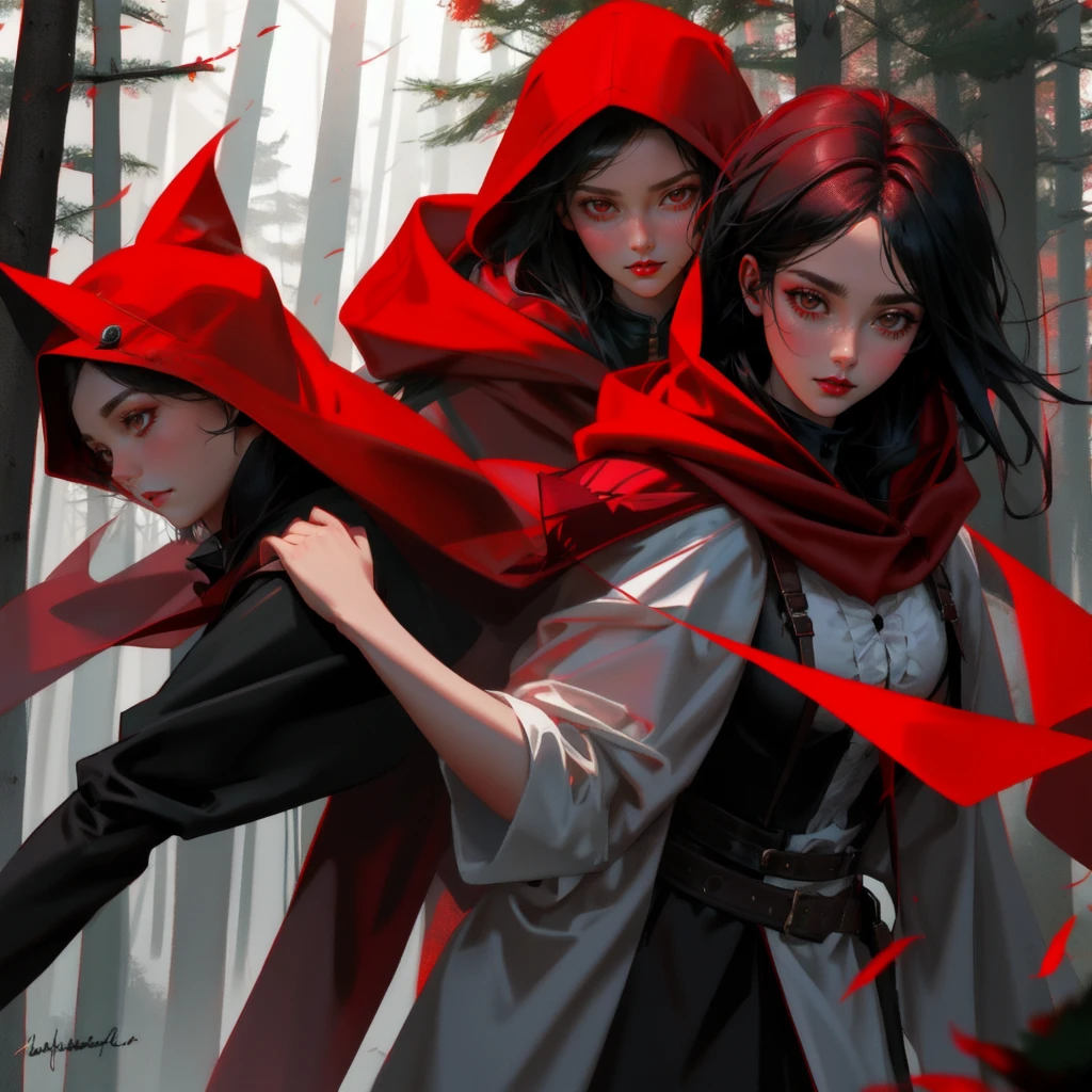 Modern Red Riding Hood, face a mix of greed and fear, dashing through red chart forest.