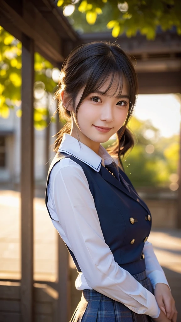 (highest quality,masterpiece:1.3,ultra high resolution),(Super detailed,caustics,8k),(photorealistic:1.4,RAW shooting),1 girl,(smile and look down at the camera),(front shot:1.1),(face forward),18-year-old,cute,Japanese,black short ponytail,school uniform,glamorous,(big boobs),( close up),(breast focus),street,sunshine,Natural light,(Backlight),(A bright light shines from behind),(Lens flare),professional writing,(cowboy shot),(low position:1.3),(Low - Angle:1.3)