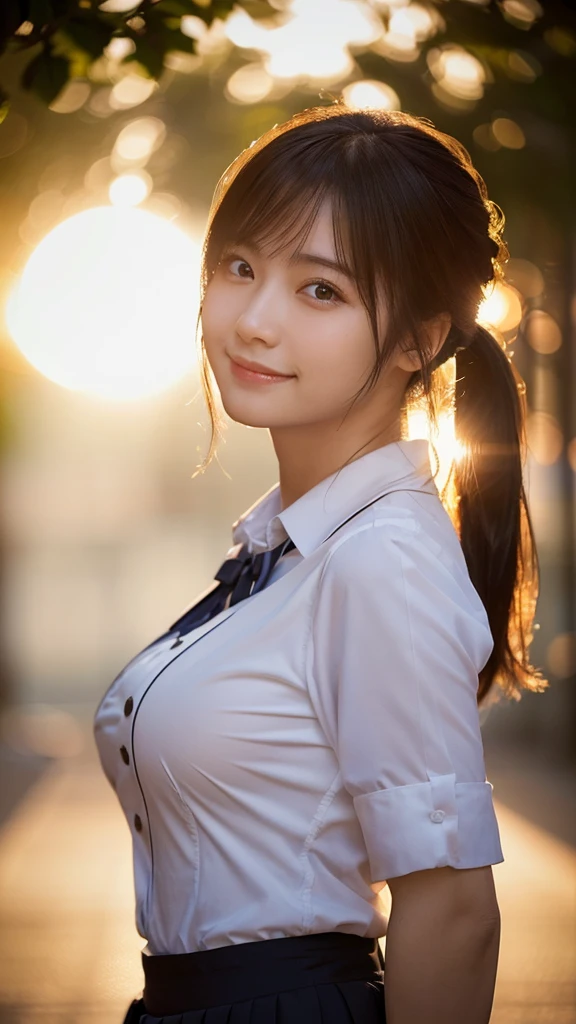 (highest quality,masterpiece:1.3,ultra high resolution),(Super detailed,caustics,8k),(photorealistic:1.4,RAW shooting),1 girl,(smile and look down at the camera),(front shot:1.1),(face forward),18-year-old,cute,Japanese,black short ponytail,school uniform,glamorous,(big boobs),( close up),(breast focus),street,sunshine,Natural light,(Backlight),(A bright light shines from behind),(Lens flare),professional writing,(cowboy shot),(low position:1.3),(Low - Angle:1.3)