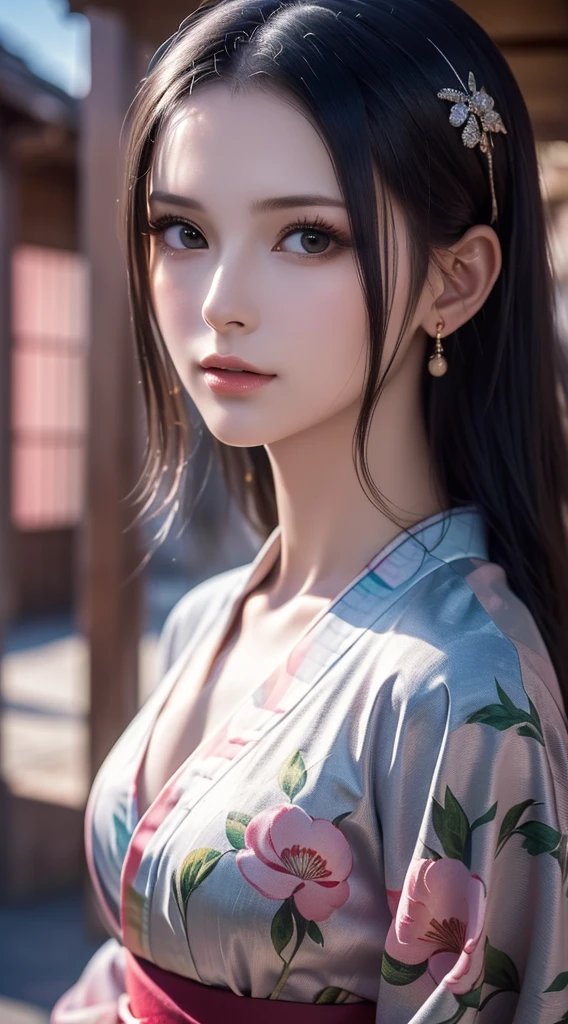 (Realistic)、(Realistic:1.2)、(High resolution)、Very detailed、Very beautiful face and eyes、1 person、Delicate body、(Highest quality、Attention to detail、Rich skin detail)、(Highest quality、8k、Oil paint:1.2)、Very detailed、(Realistic、Realistic:1.37)、Bright colors、Full Body Shot,black_hair, Beautiful 8k eyes,Looking_in_audience,One person in,Are standing,((Very beautiful woman, Fuller lips, Japanese pintern kimono))、((Colorful Japanese kimono)))、(((blackhair)))、(((blunt bungs,long straight hair)))、((( In an old Japanese house (short focus :1.4),)))、(masterpiece, Highest quality, Highest quality, Official Art, beautifully、beautiful:1.2),(Fractal Art:1.3),Sengoku period、By Greg Rutkowski:Alphonse Mucha Ropp,short ,uchikake,nishijin ori,(realistic Light and shadow), (real and delicate background),(Calm colors, Dim color, soothing tones:1.3), Low saturation, (Ultra-detailed:1.2), (Noir:0.4),Draw,Blurred_Light_background, (Bright colors:1.2), cinematic Lighting, ambient Lighting,Single Shot,Shallow focus,pink lip,Blurred Light background,