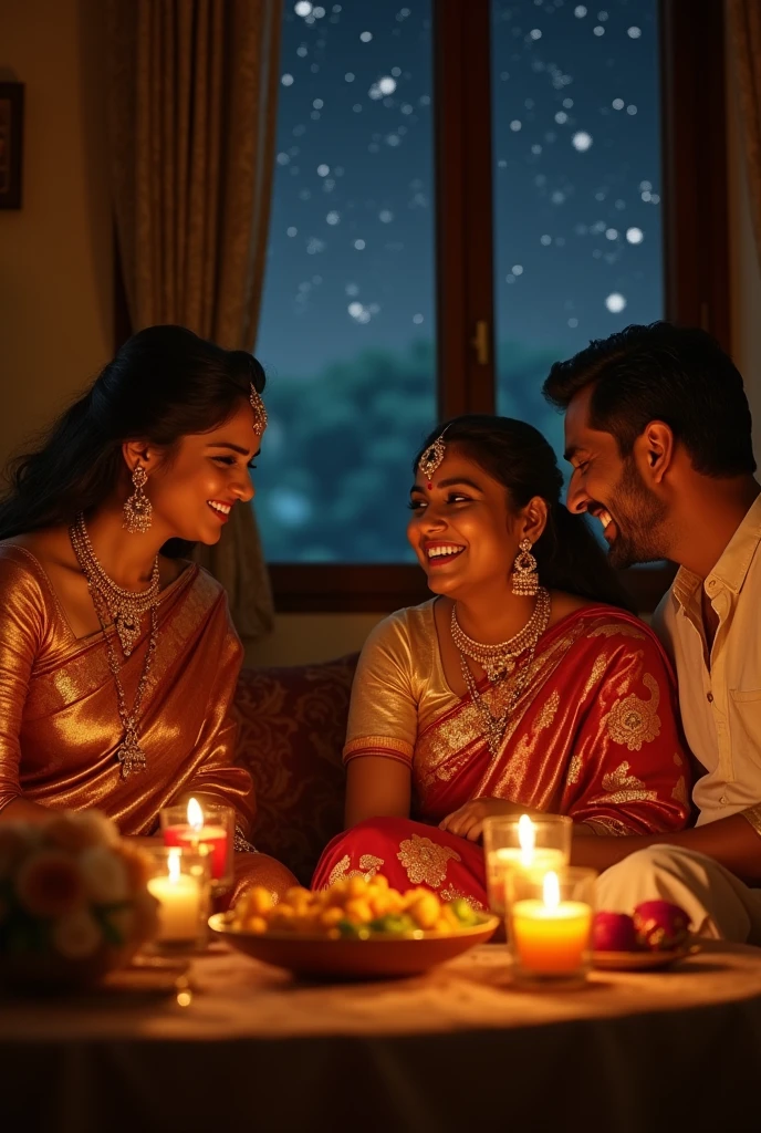 Create a image of Elegant-Indian-Wife-and-Family-in-Intimate-Nighttime-Exchange
