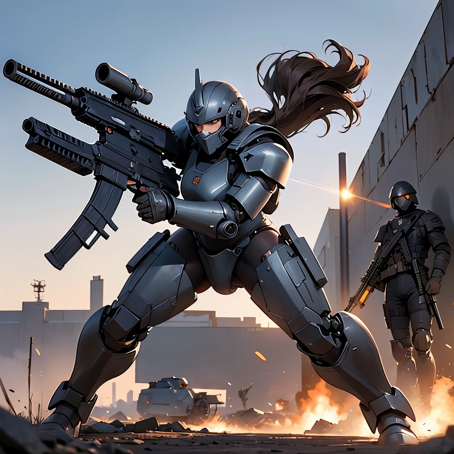 nsfw, anime screencap, 16K, perfect anatomy proportion body, perfect hands, action, A dynamic composition with a sense of speed and movement, (Hold an assault rifle:1.6), a wife, 40age, perfect beautiful delicate sexy face, perfect beautiful delicate eyes, brown hair, short bob hair, gigantic tits, abs, Steel steam engine heavy armored full armor powered suit, Many heavily armored robot soldiers are engaged in a firefight in the background., Flying bullets, Ruined ancient city, war, Post-apocalyptic,