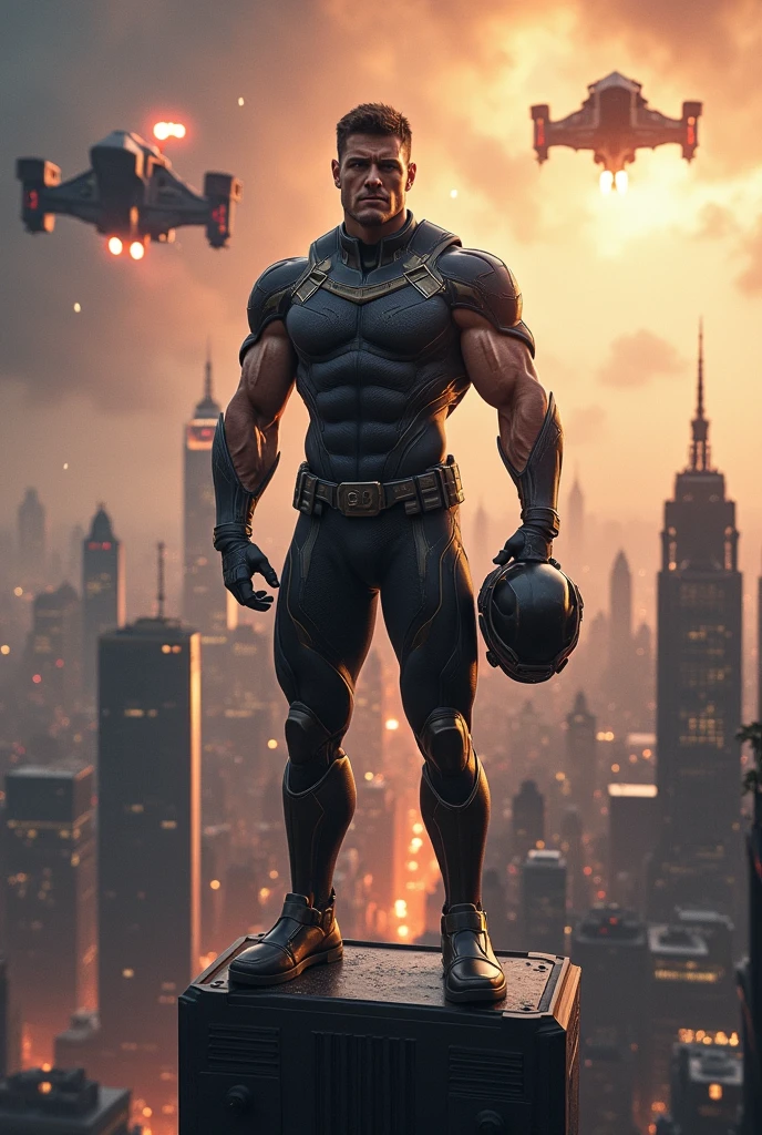 super hero, Powered by the earth's particles, Strong muscles, Agile body. His suit is a blend of durable and form-fitting materials, Also carrying a helmet beside him, granting him defensive and destructive power. Adaptable to any situation, Standing atop towering skyscrapers, Underneath a sky filled with spaceships and extraterrestrial enemies, he stands ready to fight to protect the Earth.