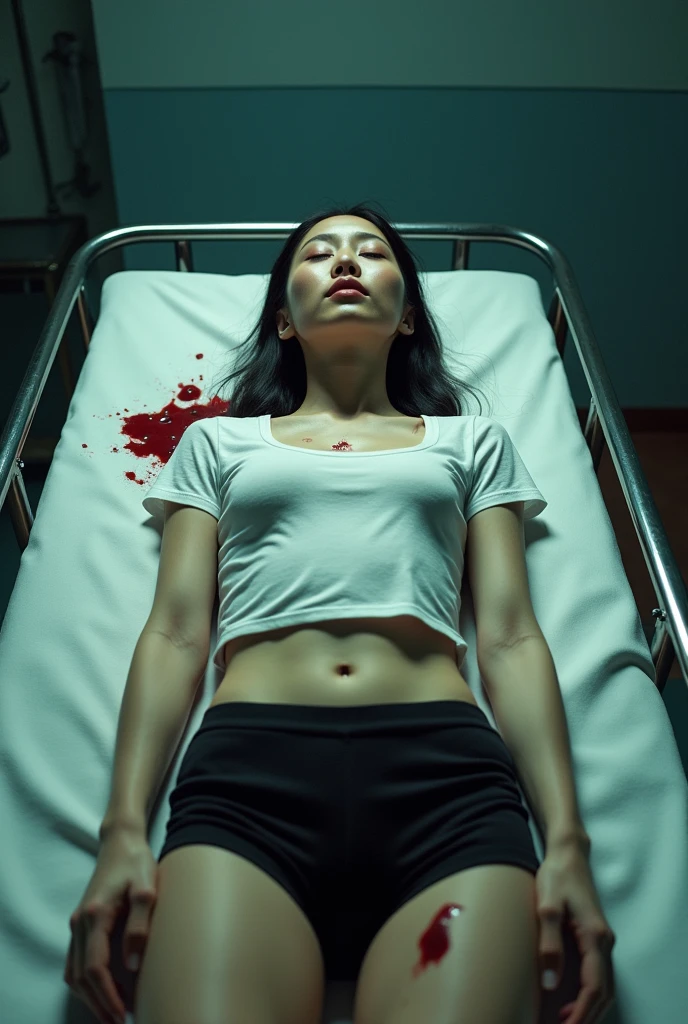 Beautiful and hot thai woman, with beautiful body and legs, beautiful nose, thin face details, big , Sexy clothes white t-shirt and Black shorts, dead in morgue with a small whole in chest and Head by gunshots, blood dripping of The body, Closed eyes. ((Hiper detalhado)) ((Hiper realista)) ((4k Photo)) ((obra de arte))
