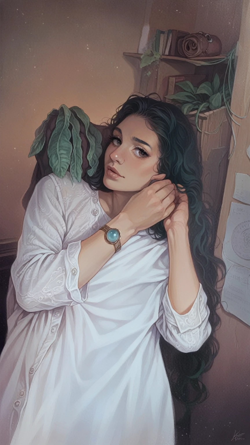 a beautiful girl in a cozy home, portrait, ultra-detailed, 8k, high quality, photorealistic, detailed facial features, beautiful eyes, long eyelashes, button nose, full lips, warm lighting, natural colors, elegant pose, cozy interior, plush furniture, large windows, sunlight streaming in, flowering plants, vases, books, comfortable ambiance