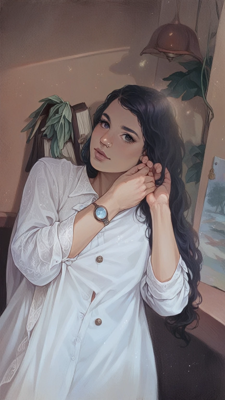 a beautiful girl in a cozy home, portrait, ultra-detailed, 8k, high quality, photorealistic, detailed facial features, beautiful eyes, long eyelashes, button nose, full lips, warm lighting, natural colors, elegant pose, cozy interior, plush furniture, large windows, sunlight streaming in, flowering plants, vases, books, comfortable ambiance